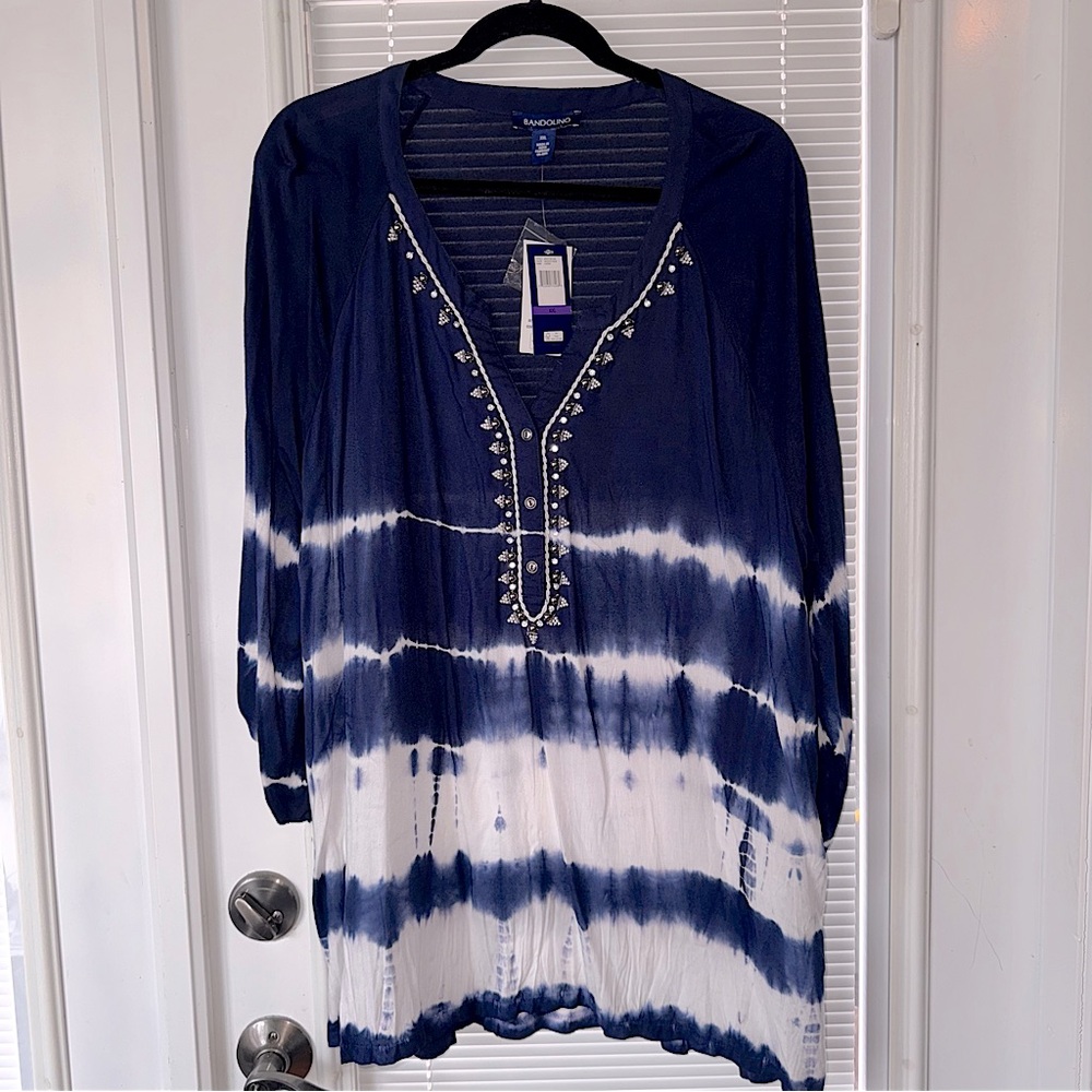 NWT Bandolino Women’s XXL 2XL Tie-Dye Tunic Cover-Up Shirt Electric Blue white